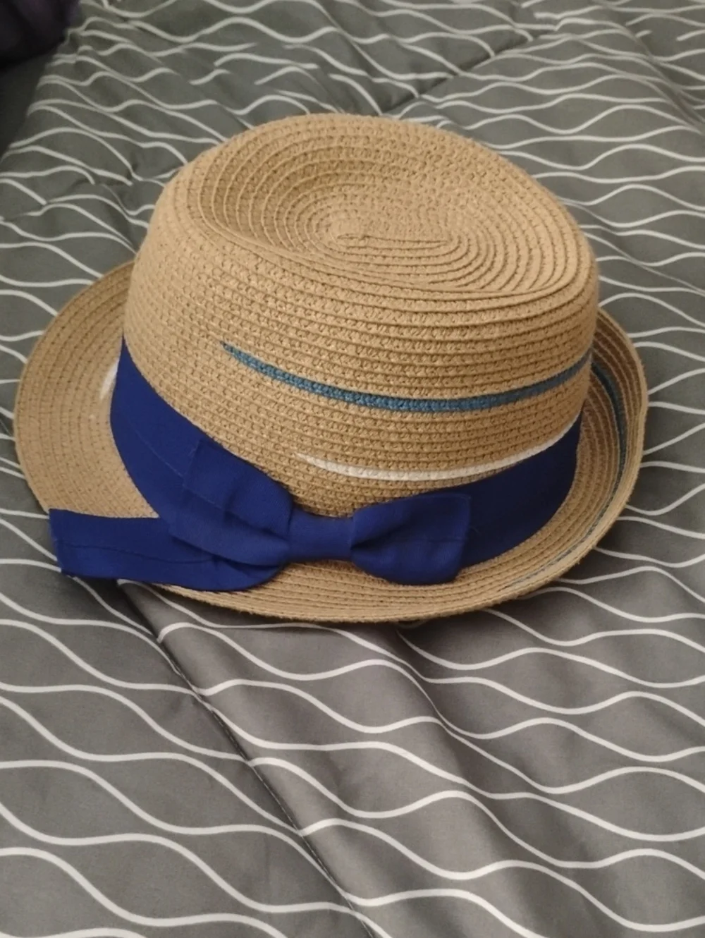 Straw Cloche Hat with Blue Ribbon
